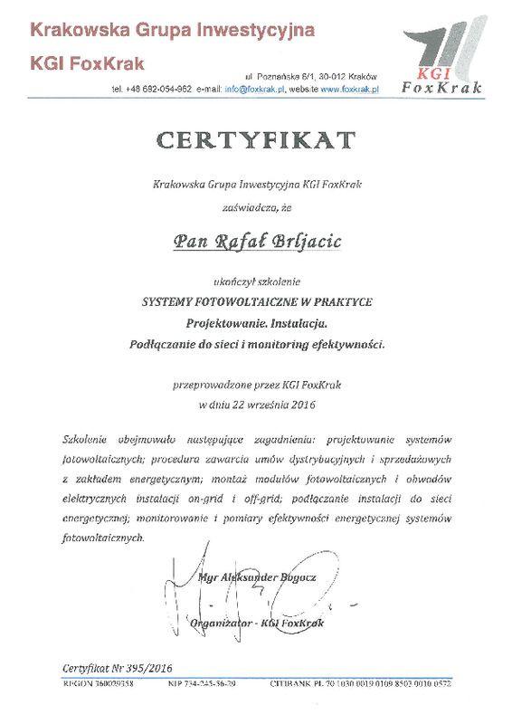 Certyfikat Fotowoltaika KGI FOXKRAK 22.09.2016