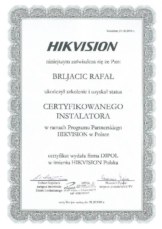 Certyfikat Hikvision DIPOL 21.02.2019