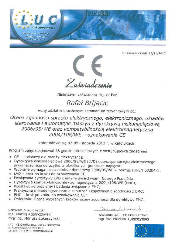 Certyfikat Ocena CE LVD EMC LUC CE COLSUNTING 09.11.2012