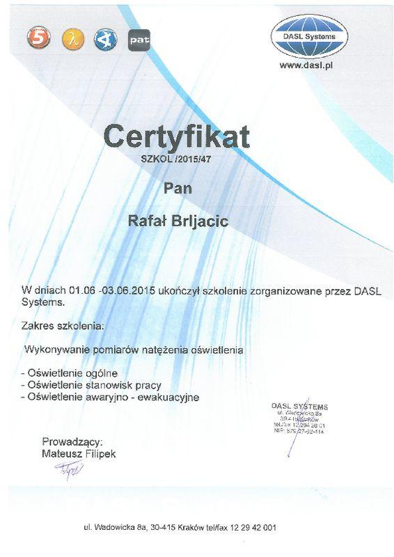 Certyfikat Oświetlenie DALS Systems 03.06.2015