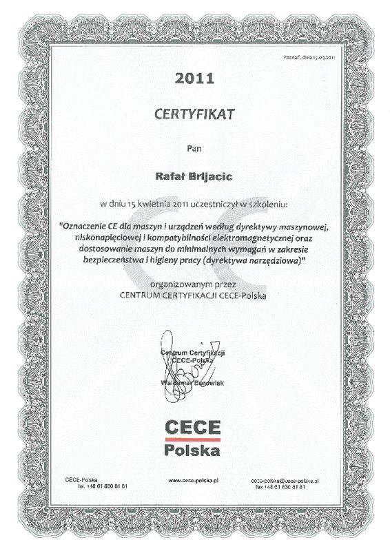 Certyfikat Oznakowanie CE maszyn CECE 15.04.2011